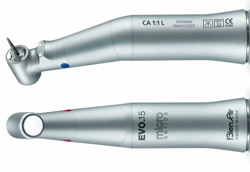 Contre-angle BienAir Evo.15 LED, version Standard ou MicroSeries, bague rouge (1:5) ou bague bleue (1:1)